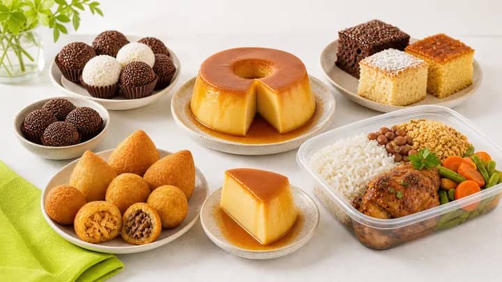 Capa da vitrine Pudim do Heitor com doces, salgados e marmita